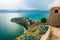 Panoramic view the fortress of Palamidi, scenery of Bourtzi castle at Nafplio town Greece