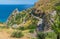 Panoramic view from Forza d`AgrÃ², with the Saracen Castle in the background. Province of Messina, Sicily, southern Italy.