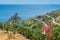 Panoramic view from Forza d`AgrÃ², with the Saracen Castle in the background. Province of Messina, Sicily, southern Italy.