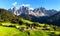 Panoramic view of Geisler or Odle dolomites mountain peaks in Santa Maddalena Sankt Magdalena in the Val di Funes in Italy