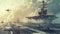 panoramic view of a generic military aircraft carrier ship with fighter jets