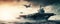 panoramic view of a generic military aircraft carrier ship with fighter jets take