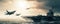 panoramic view of a generic military aircraft carrier ship with fighter jets take off during a special operation at a warzone,