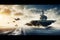 panoramic view of a generic military aircraft carrier ship with fighter jets take off during a special operation at a warzone,