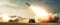 panoramic view of a generic military battalion defense system shooting missiles during a special operation, wide poster design