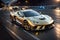 Panoramic View of a Golden Sports Car\\\'s Majestic Journey on the Highway. AI generated