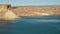 Panoramic view of great blue mineral lake basin.