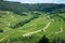 Panoramic view on green hilly vineyards near wine village Chateau-Chalon in Jura, France