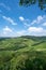 Panoramic view on green hilly vineyards near wine village Chateau-Chalon in Jura, France