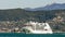 Panoramic view of the Gulf of poets with cruise ship and the Castle of Lerici in the background, Liguria, Italy