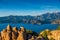 Panoramic view of the Gulf of Porto with rocks in the foreground,Corsica. Copy Space for characters or letters