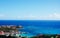 Panoramic view of Gustavia harbour seen from the hills, St Barth, sailboats, pier