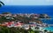 Panoramic view of Gustavia harbour seen from the hills, St Barth, sailboats, pier