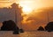 Panoramic view of Gustavia harbour at sunset, St Barth, sailboats