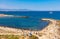 Panoramic view of harbor and Plage de la Gravette beach at historic old town onshore Mediterranean Sea in Antibes city in France