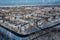 Panoramic view from a height of Peterhof. Ozerkovaya street and Blanc-Menilskaya street. Residential buildings. Sunny day, blue