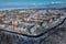Panoramic view from a height of Peterhof. Ozerkovaya street and Blanc-Menilskaya street. Residential buildings. Sunny day, blue