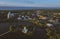 Panoramic view from a height of Peterhof. Photo from drone. Summer. Green trees. The coastline of the Gulf of Finland