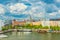 Panoramic view of Helsinki with picturesque dramatic sky with big cumulus clouds. Aerial view of Finnish capital city