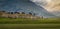 Panoramic view of herd of horses in Iceland