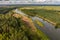 panoramic view from a high altitude of a meandering river in the forest