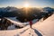 A panoramic view from hikers to the summit of a remote mountain peak, showcasing a sprawling wilderness below