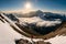 A panoramic view from hikers to the summit of a remote mountain peak, showcasing a sprawling wilderness below