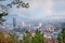 Panoramic view of hills, old town and tower. Jena, Germany