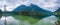 Panoramic view of Hintersee Lake with reflection of Watzmann mountain peaks. Ramsau Berchtesgaden Bavaria, Germany