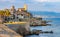 Panoramic view of historic old town with medieval city walls and Picasso Museum onshore Azure Cost in Antibes in France