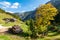 Panoramic view of Hochschwab mountain village Hainzleralm, Autumn vibes in mountain range Hochschwab, Styria, Austrian Alps,