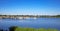 Panoramic view on idyllic dutch lake with vacation resort and yacht marina harbor- Leukermeer, Limburg, Netherlands