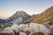 Panoramic view of idyllic mountain scenery with traditional chalets. Zabljak, Durmitor, Montenegro. Travel around