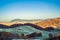 Panoramic view of idyllic mountain scenery with traditional chalets. Zabljak, Durmitor, Montenegro. Travel around