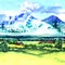 Panoramic view of idyllic snow mountain with country houses, chalet and mountain field or pasture, sunny day with blue