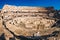 Panoramic view of the inside of the Roman Colosseum in Rome, Italy