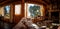 Panoramic view of interior of a wooden cozy and relaxing cabin with comfortable couches, a fireplace, country decoration