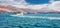 Panoramic view of Ionian island - Cephalonia. Ferry ship from Lixouri to capital of island - Argostolion. Beautiful spring