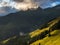 Panoramic view of an isolated chalet in the mountains. Chalet deep into the mountains.