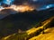 Panoramic view of an isolated chalet in the mountains. Chalet deep into the mountains.