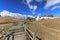 Panoramic view of the Jade Dragon Snow Mountain in Yunnan, China and Tibetan Monastery