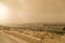 Panoramic view of Jewish cemetery from Mount of Olives. Extreme weather and dramatic atmosphere in Israel. Dome of the Rock