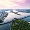 Panoramic view of Kiev city with the Dnieper River in the middle. Aerial view