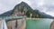 Panoramic view of Kurobe dam or Kuroyon dam with green lake.