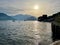 Panoramic view of Lago Maggiore at sunset. Suna Verbania, Upper Italian lakes, Piedmont, Italy.