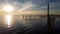 Panoramic view of Lake Albufera in Valencia, at sunset, with calm water, near fishing nets