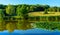 Panoramic view of the lake and forest landscape of New ZOO Zoological Garden in Malta district of Poznan, Poland