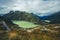 Panoramic view of the lake Grimselsee in Switzerland .