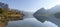 Panoramic view of the lake Grundlsee in the fall during the sunrise. View of the Alps. Village Grundlsee, Styria, Austria