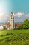 Panoramic view of lake of Lake Constance. Zeppelin and Catholic Church St. Johann Baptist in Hagnau on the picture